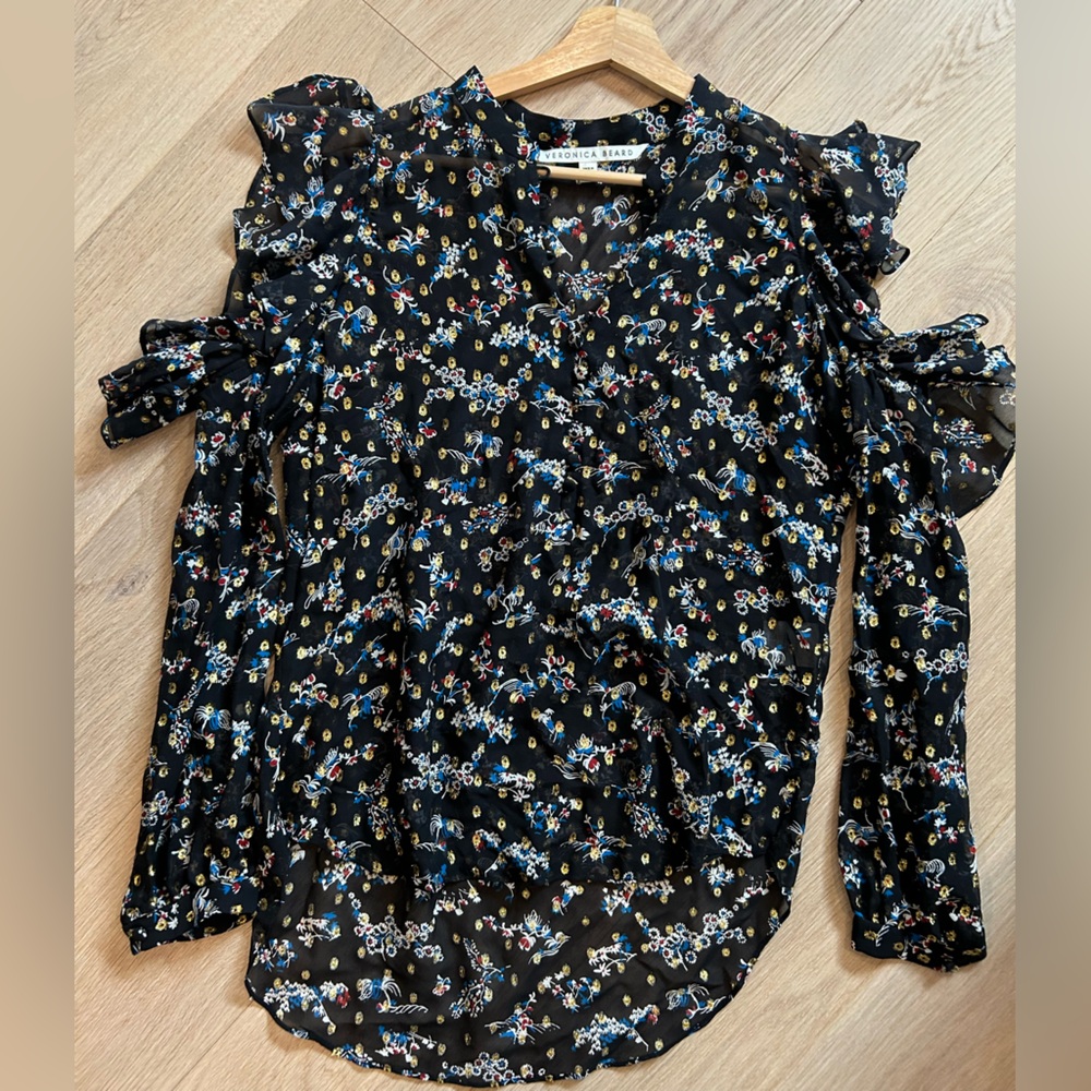 Veronica Beard Black Sheer Floral Blouse with Gold Dot Accents